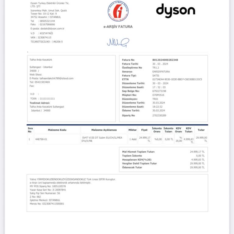 Dyson Fatura Bilgileri Gönderilmemesi