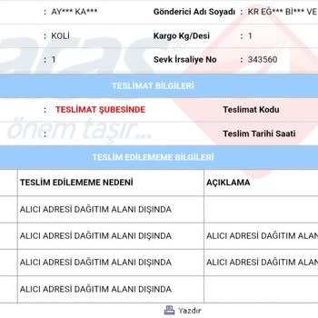 Aras Kargo Alıcı Adresi Dağıtım Alanı Dışında