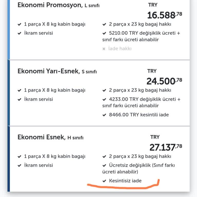 Dönüş İade Edilebilir H Sınıfı 50 Bin Fark Ödedim 5bin THY İade Ediyor