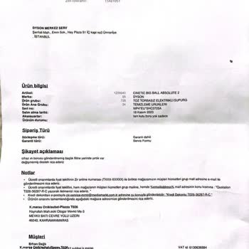 Dyson Cihazım Servisten Eksik Ve Kullanılamaz Halde Geldi