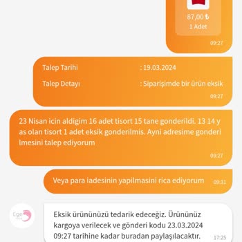 Trendyol 23 Nisan Gösterisi İçin Alınan Tişörtlerin Eksik Gönderilmesi Şikayeti