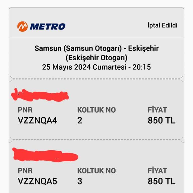 Metro Turizm İptal Edilen Biletin Parasını İade Etmiyor.
