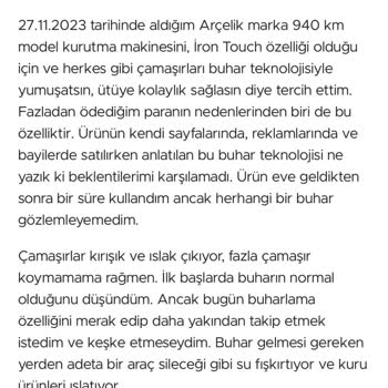 Arçelik 940 Kmı Buhar Yerine Su Fışkırtıyor