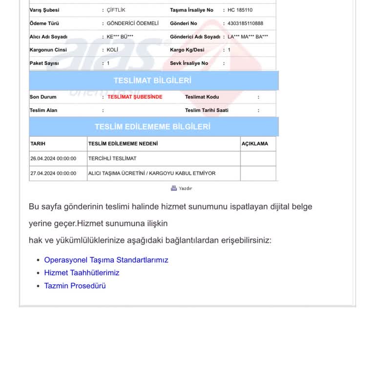 Aras Kargo / Alıcı Kargoyu Kabul Etmiyor!