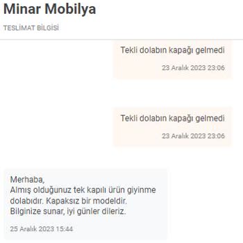 Minar Mobilya Satın Aldığım Dolabın Kapağını Göndermedi