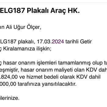 GetirAraç Getir Kiralama Başkasının Hasarını Tarafıma Yansıtması Yüksek Bedelle