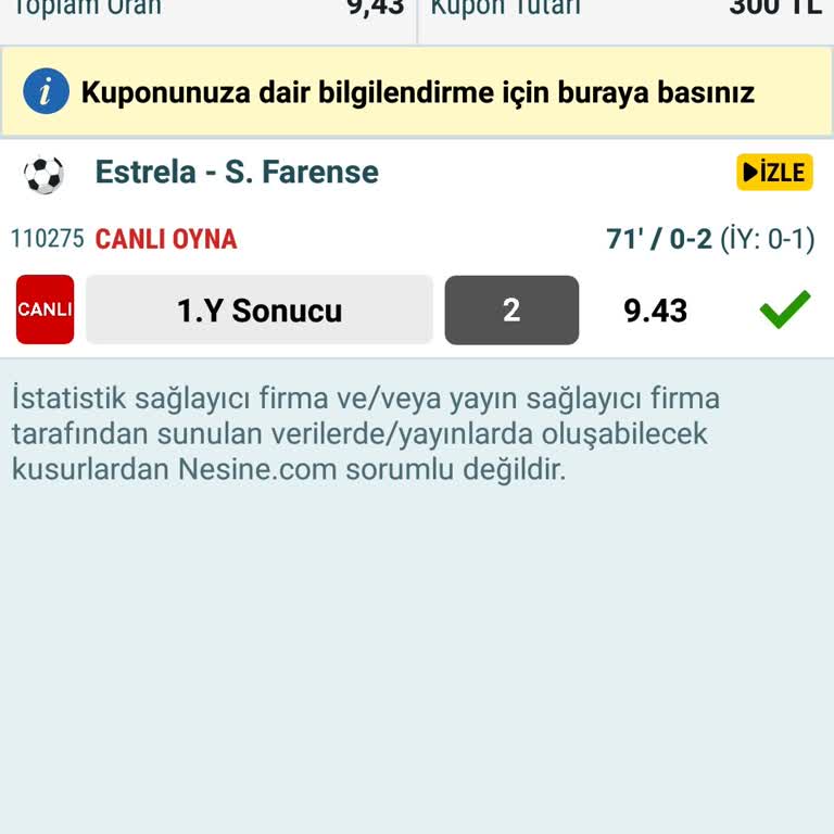 Nesine Kuponunuz Oranı 1.00 Olarak İade Edilmiştir