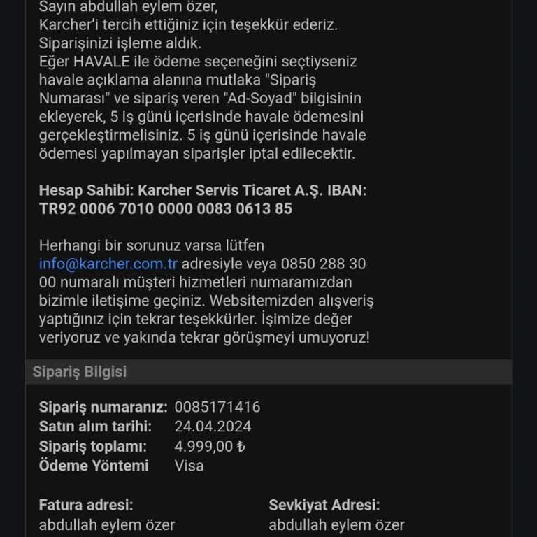Karcher Sipariş Bilgilendirilmesi Ve Tel İle Ulaşılamıyor