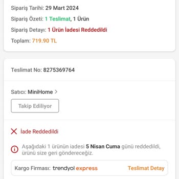 Trendyol Ve Mini Home Mağazası Ürün İadesinde Etik Olmuyor