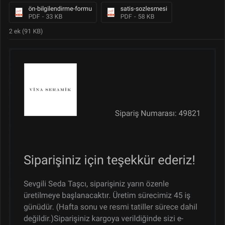 Vina Seramik Parayı Alıp Siparişi Göndermiyor