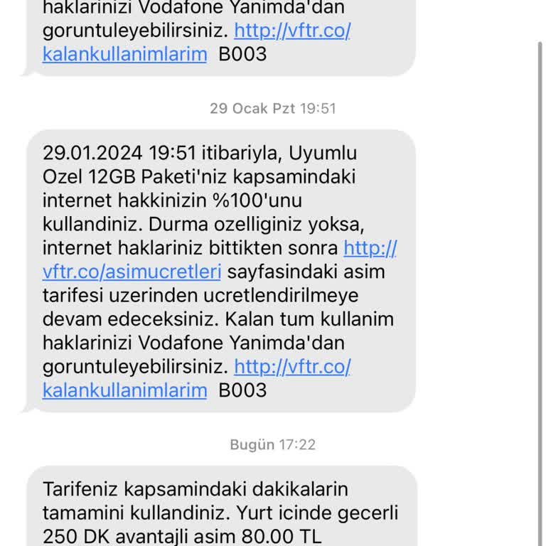 Vodafone Avantajlı Aşım Paketi Bana Sorulmadan Tanımlandı