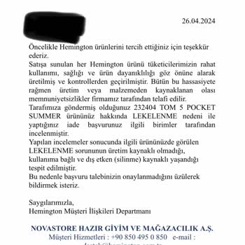 Hemington markasından yapılan alışverişten memnun kalmadım