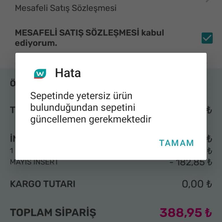 Watsons Online Siparişte Sepet Yetersiz Uyarısı