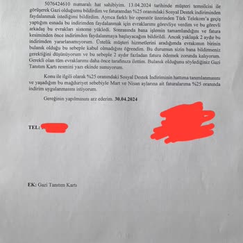 Türk Telekom Gazi Olarak Sosyal Destek İndirimimi Tanımlamıyor.