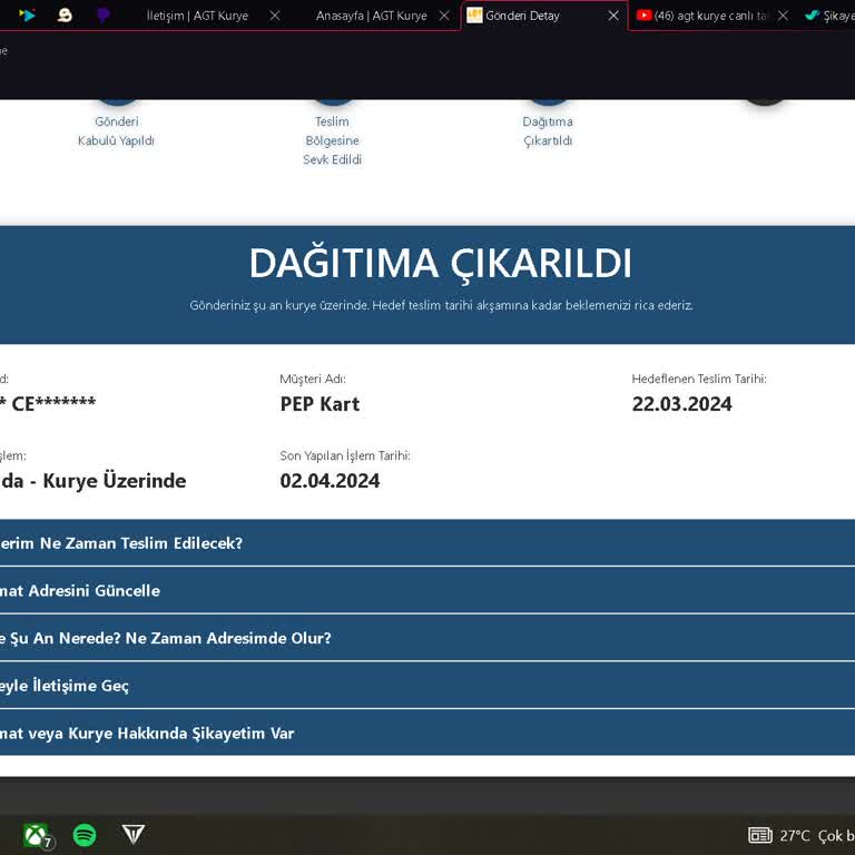 AGT Kurye (aynigunteslim.com) Teslimat Gecikmesi Ve İletişimsizlik Sorunu