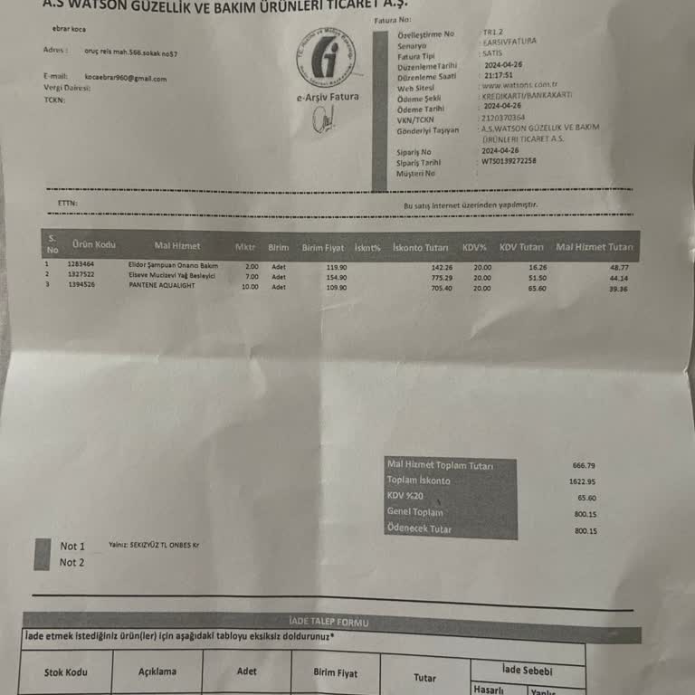 Watsons Eksik Ürün Gönderilmesi