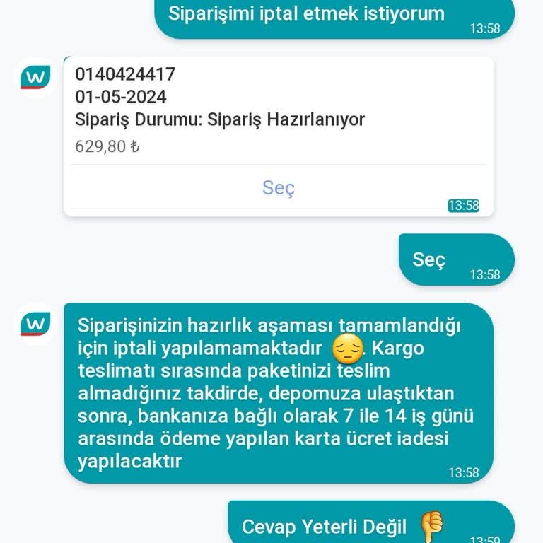 Watsons Sipariş İptal Ve Para İade'de Zorlayan Ve Uzayan Süreç.