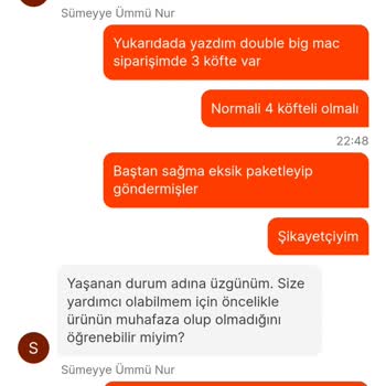 McDonald's Caferağa Yemek Siparişimi Ayıplı Eksik Ürün Gönderdi