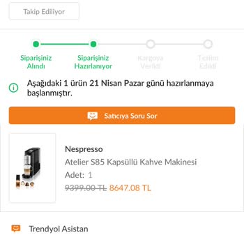 Trendyol Kahve Makinamı Göndermiyorlar Acil Destek İstiyorum.