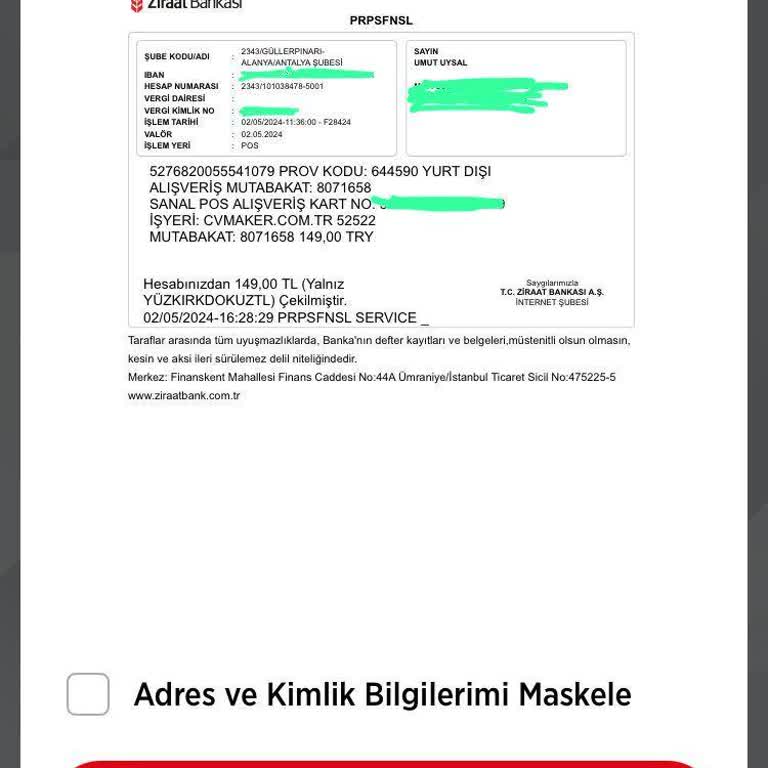 Cvmaker.com.tr CV. Maker Hesabımdan 149 Lira Kesti