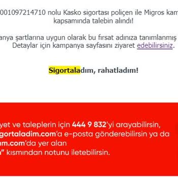 sigortaladım.com Migros Hediye Çeki Verileceği Söylendi Ancak 2 Aydır Gönderilmiyor.