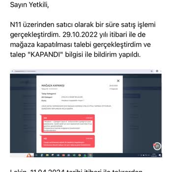 N11.com Kapatılan Mağaza Sipariş Bildirimi
