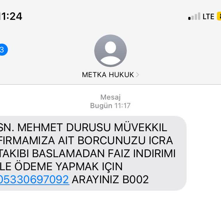 Metka Hukuk İcra Takibi Mesajı