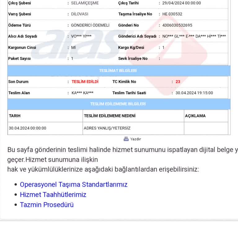 Aras Kargo Kargom Başkasına Teslim Edildi