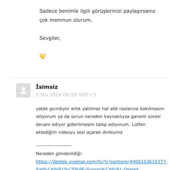 Vivense Pişmanlık Garanti Kapsamından Başvurum Ekte