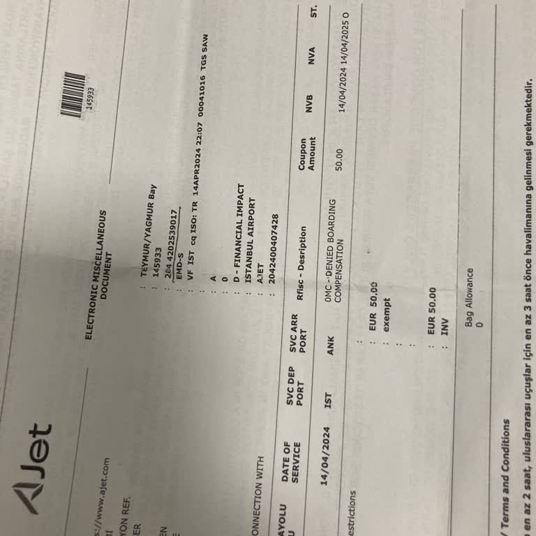 AJet (Anadolu Jet) Overbooking Tazminat (50 Euro)
