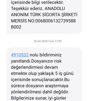 Anadolu Sigorta'dan Tarafıma Gelen Mesaj