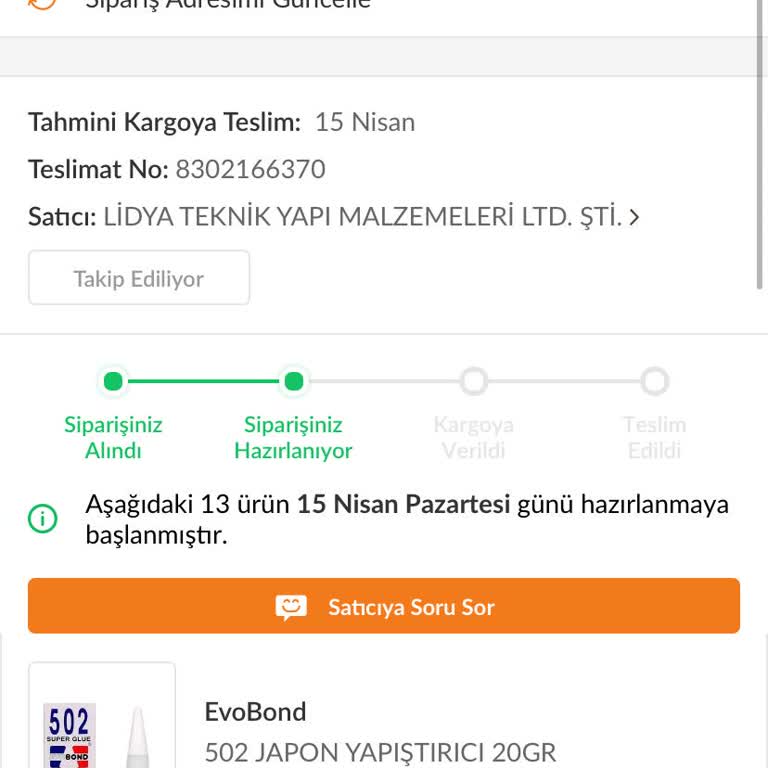 Lidya Teknik Yapı Siparişin Kargoya Verilmemesi