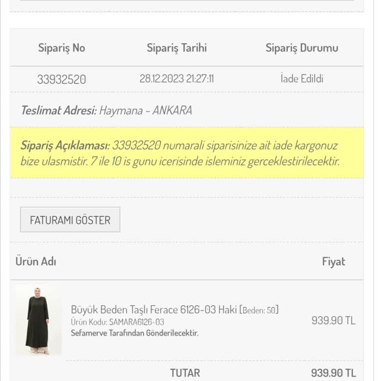 Sefamerve 4 Aydır İade Parasını Vermiyor