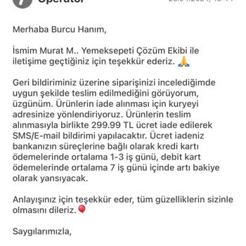 Yemeksepeti Mahalle Sipariş İade Sorunumuz