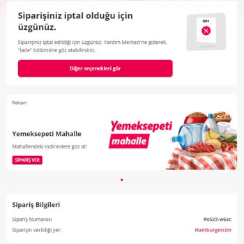 Yemeksepeti Sipariş İptal Edilmesi