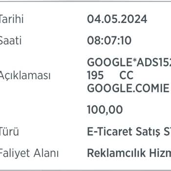 Google Ads Banka Hesabımdan İzinsiz 100 TL Çekti