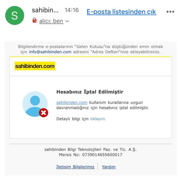 Sahibinden.com Açıklamasız Hesap İptali