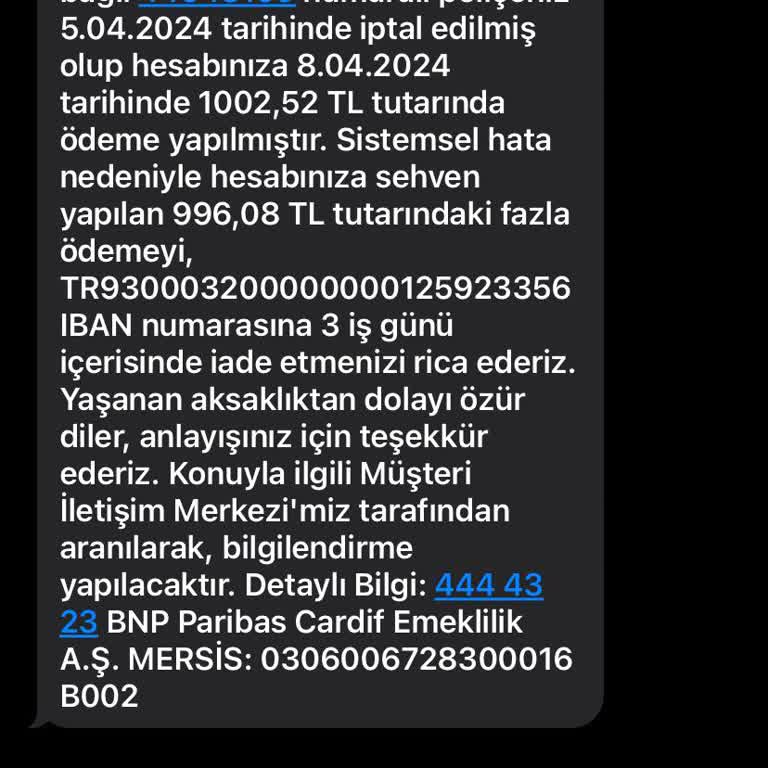 BNP Paribas Cardif Gönderdiği Parayı IBAN Yolu İle Geri İstiyor.
