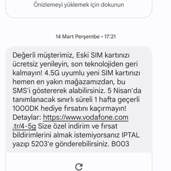 Vodafone Ücretsiz Hat Yenileme Mesajı Atıyor Fakat Ücret Talep Ediyor.