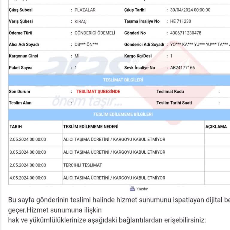 Aras Kurye Kargonun Bana Ulaşmaması