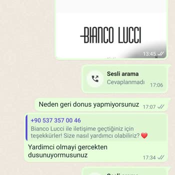 Bianco Lucci Mağazasının Sipariş Sonrası Dönüş Yapmaması