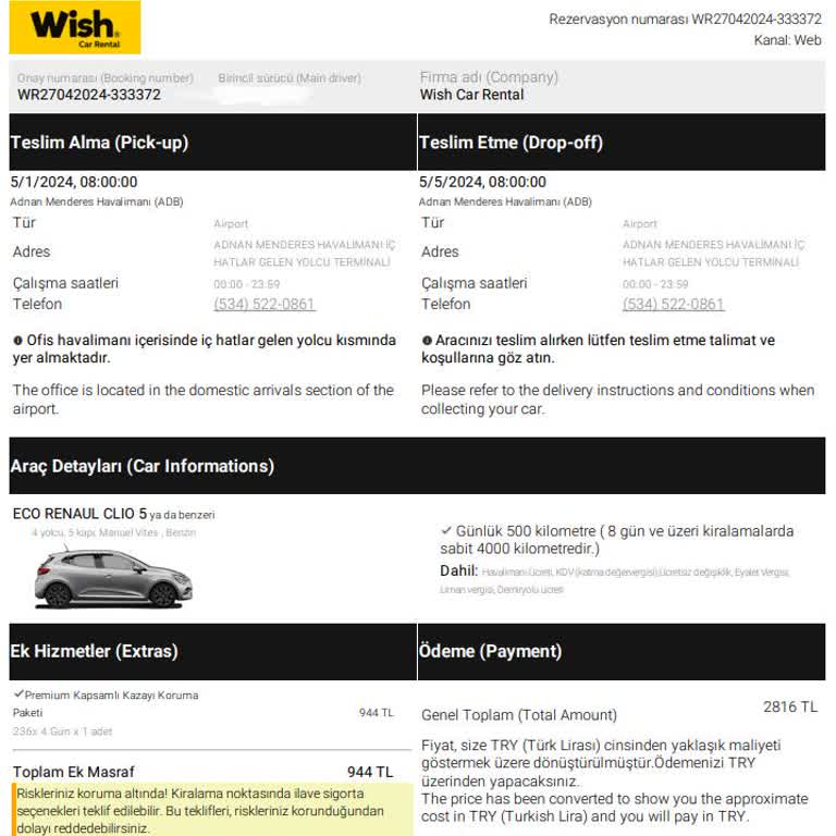 Wish Car Rental Uçuş Kartı Zorunluluğunun Belirtilmemesi Mağduriyeti
