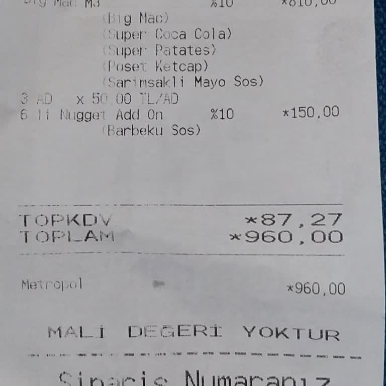 McDonald's Yaşamkent Bölgesindeki Restoranın Eksik Sipariş Teslimi