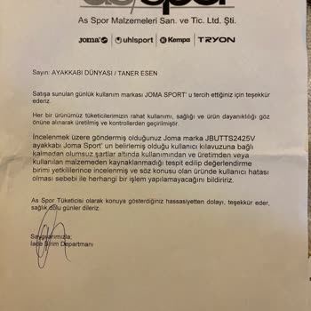 As Spor (İstanbul) Joma Marka Ayakkabı İlk Giymede Işığının Sabit Kalması