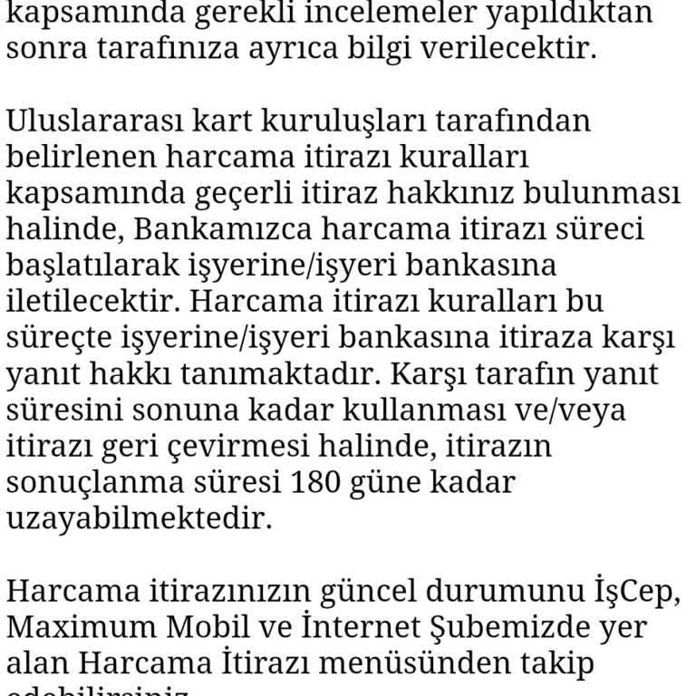 Harcama İtirazı - İş Bankası Ref. No. 1204945682444428