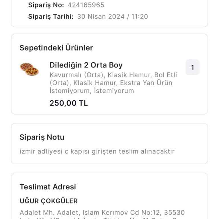 Terra Pizza Bornova Şubesinin Teslim Etmediği Siparişin Ücretini İade
