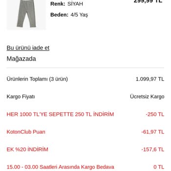 Koton 2594610630314515 Numaralı Siparişimin Eksik Gönderilmesi