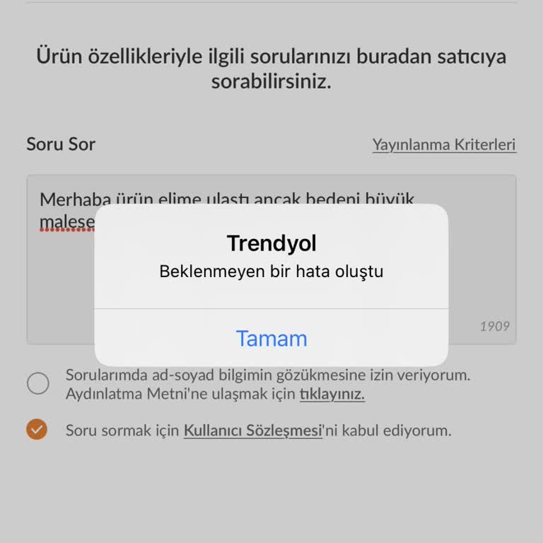 Trendyol Satıcı İletişimde Beklenmeyen Hata Uyarısı