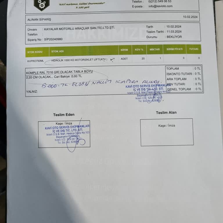 Kavi Oto Servis Ekipmanları Kısmi Ödeme Yaptığım Urunu Teslim Etmiyor