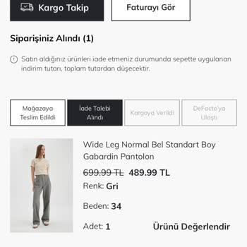 DeFacto 43563279 Numaralı Siparişimin İadesi Yapılmadı